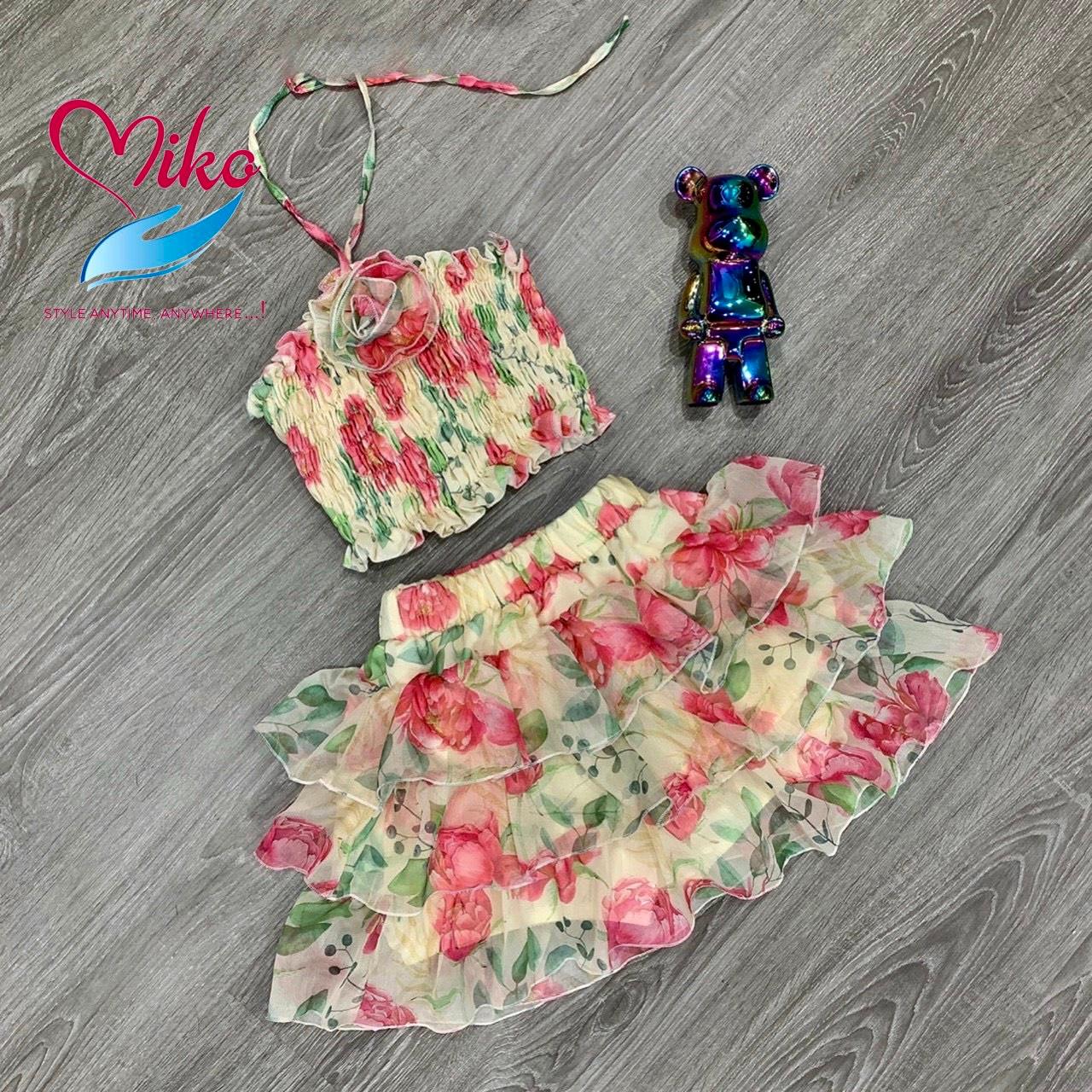 Nguyên set bộ quần giả váy phối áo croptop đính hoa cho bé gái du lịch đi biển từ 5-30kg chất voan mềm mịn mát
