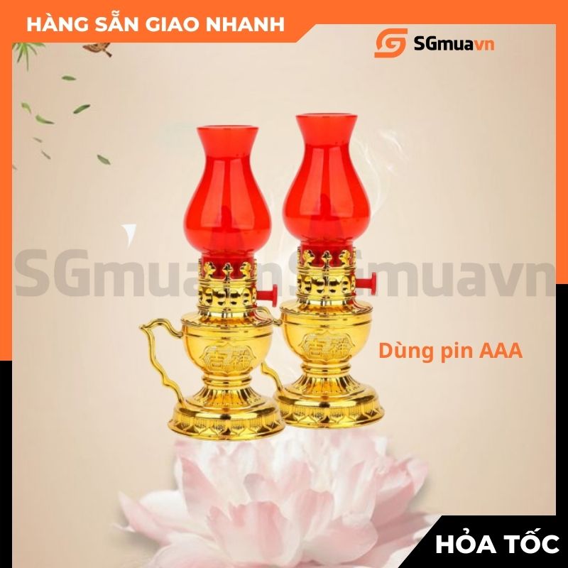 1 Cặp 2 Đèn thờ dùng pin đế vàng trang trí bàn thờ gia tiên