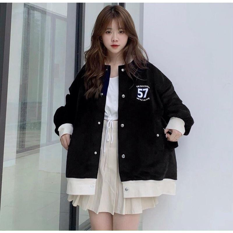 Hình ảnh Áo khoác cardigan kaki nhung gân 1 lớp thêu số 57 phối màu unisex ulzzang nam nữ