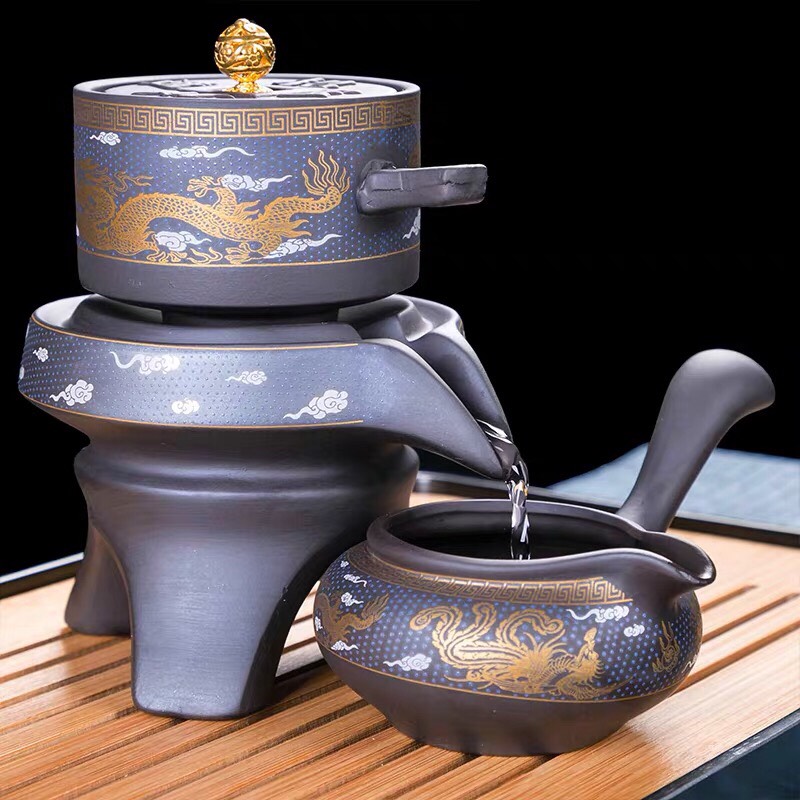 Bộ Ấm Chén Pha Trà Cối Xay Tự Động Rồng Phượng Gốm Sứ ,Cát Tím Độc Đáo ,18,17, 8 ,6 Chi Tiết