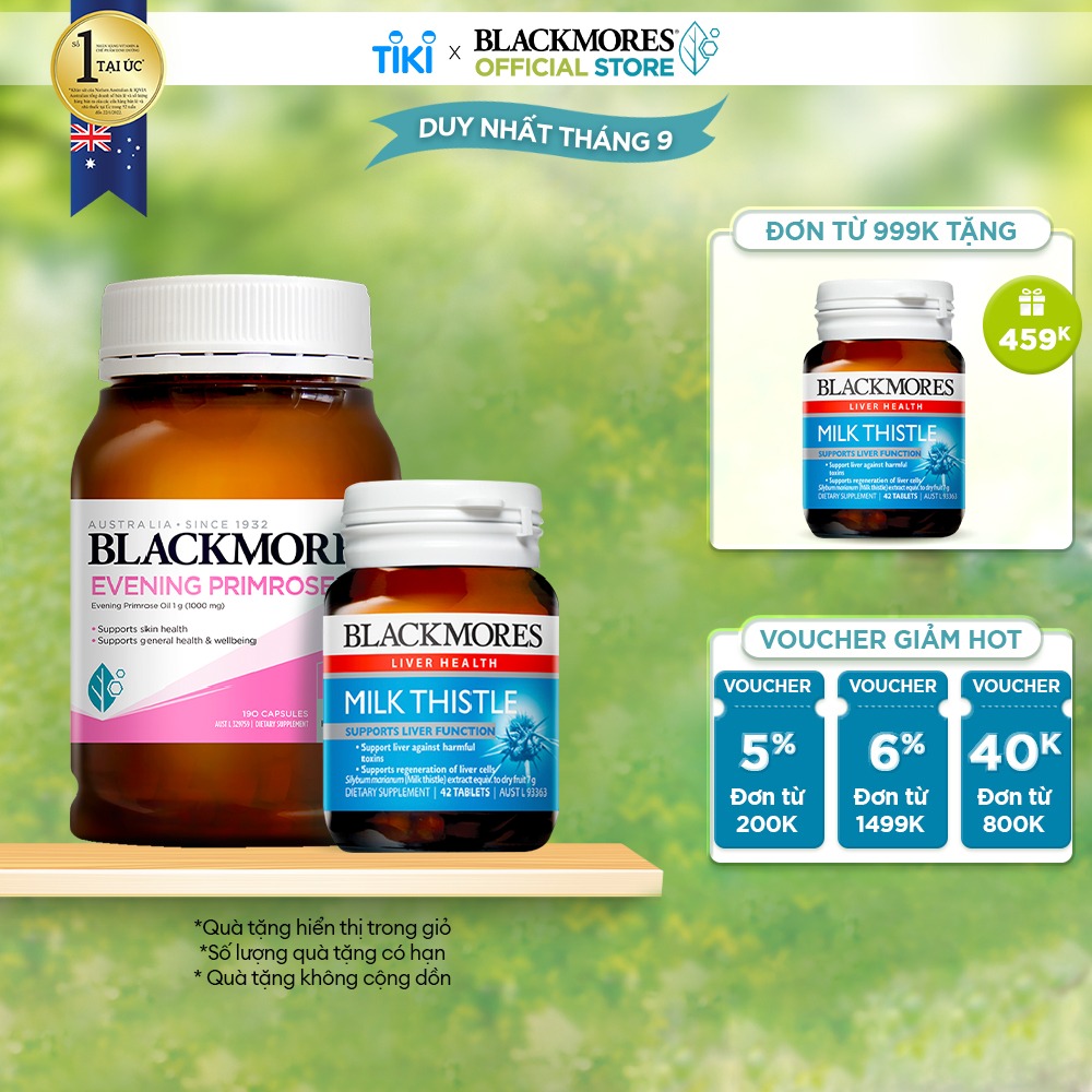 Combo Tinh Dầu Hoa Anh Thảo Hỗ Trợ Cân Bằng Nội Tiết Tố Blackmores Evening Primrose Oil Lọ 190 Viên và Viên Uống Hỗ Trợ Bảo Vệ Và Phục Hồi Tế Bào Gan Blackmores Milk Thistle Lọ 42 Viên