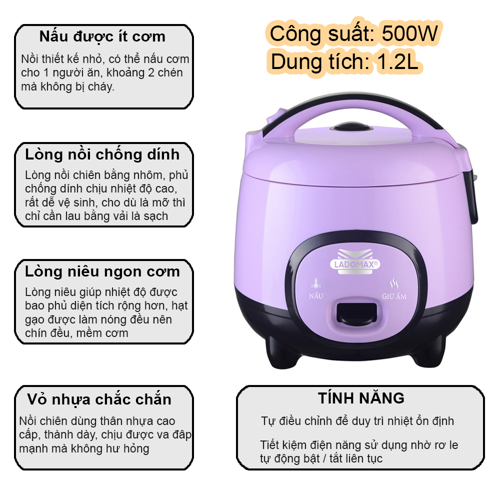 Nồi cơm điện sinh viên 1.2L Ladomax HA-7412 lòng niêu chống dính nấu cơm mềm, không cơm cháy - Hàng chính hãng