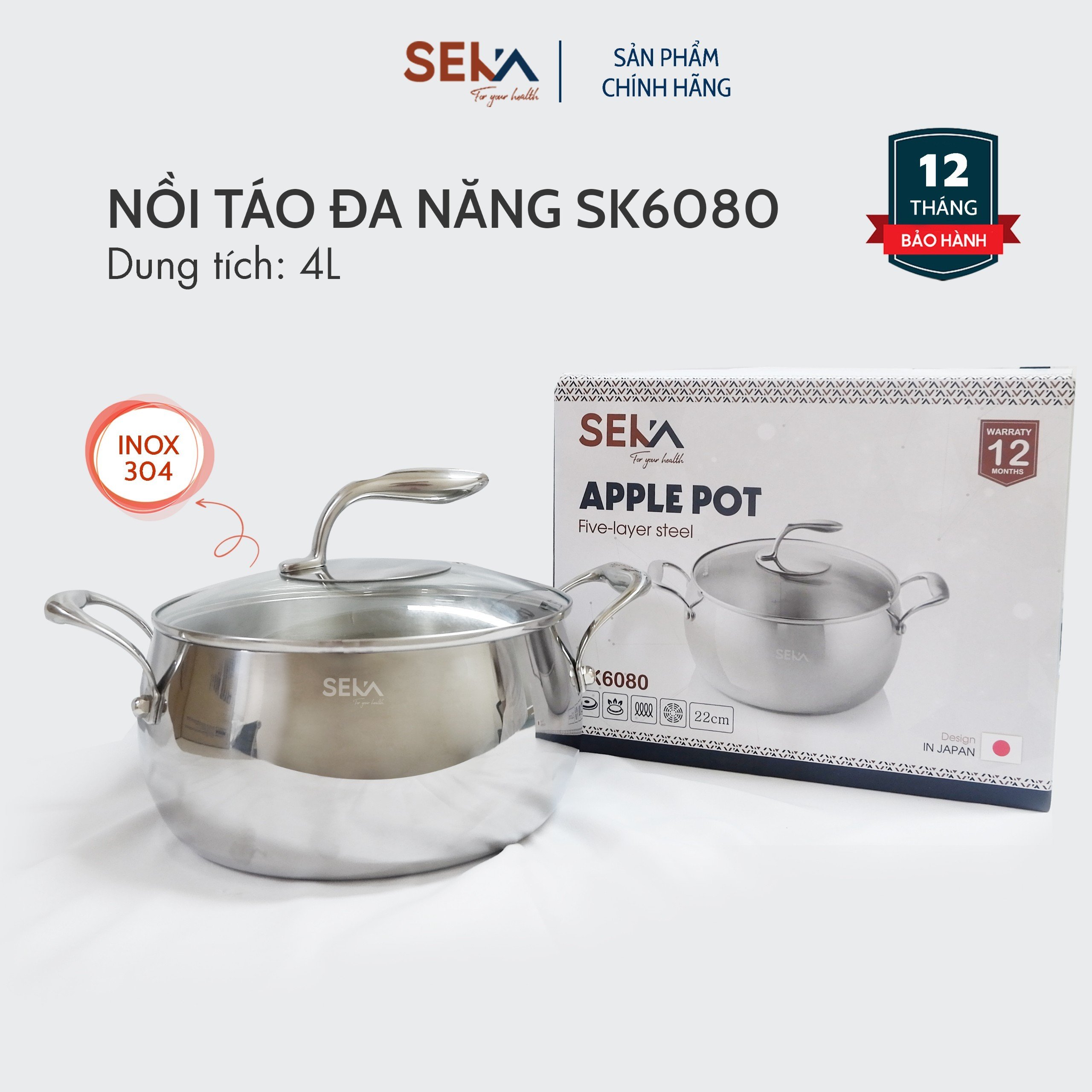 Nồi inox 5 Đáy Từ Cao Cấp SEKA SK6080 Nắp Kính, Dùng Mọi Loại Bếp - Hàng Chính Hãng