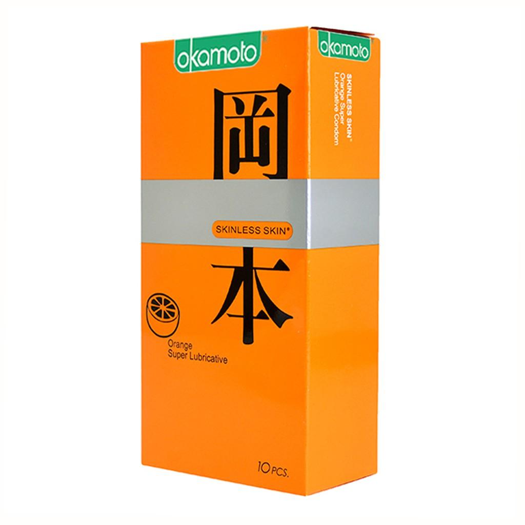 BAO CAO SU OKAMOTO SKINLESS SKIN ORANGE LUBRICATED (HƯƠNG CAM HỘP 10 CÁI) CHÍNH HÃNG NHẬT BẢN