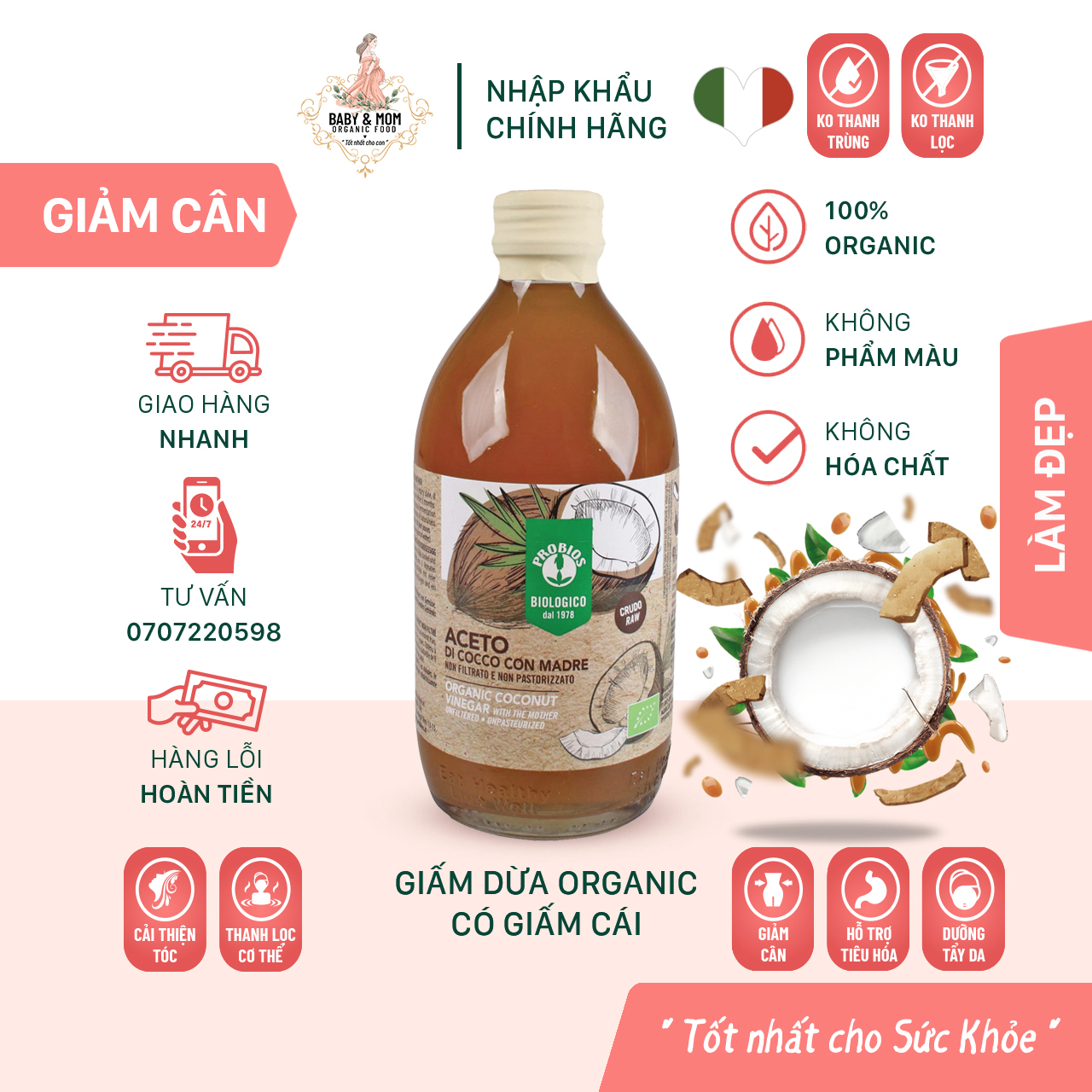 Giấm Dừa Hữu Cơ Có Giấm Cái 500ml ProBios Organic Coconut Vinegar With The Mother