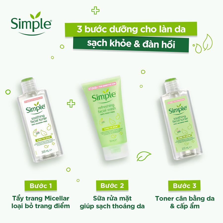 Combo Simple Tẩy trang Micellar 200ml + Sữa rửa mặt 150ml + Nước hoa hồng Toner 200ml cho da sạch khỏe đàn hồi [Chính hãng độc quyền]