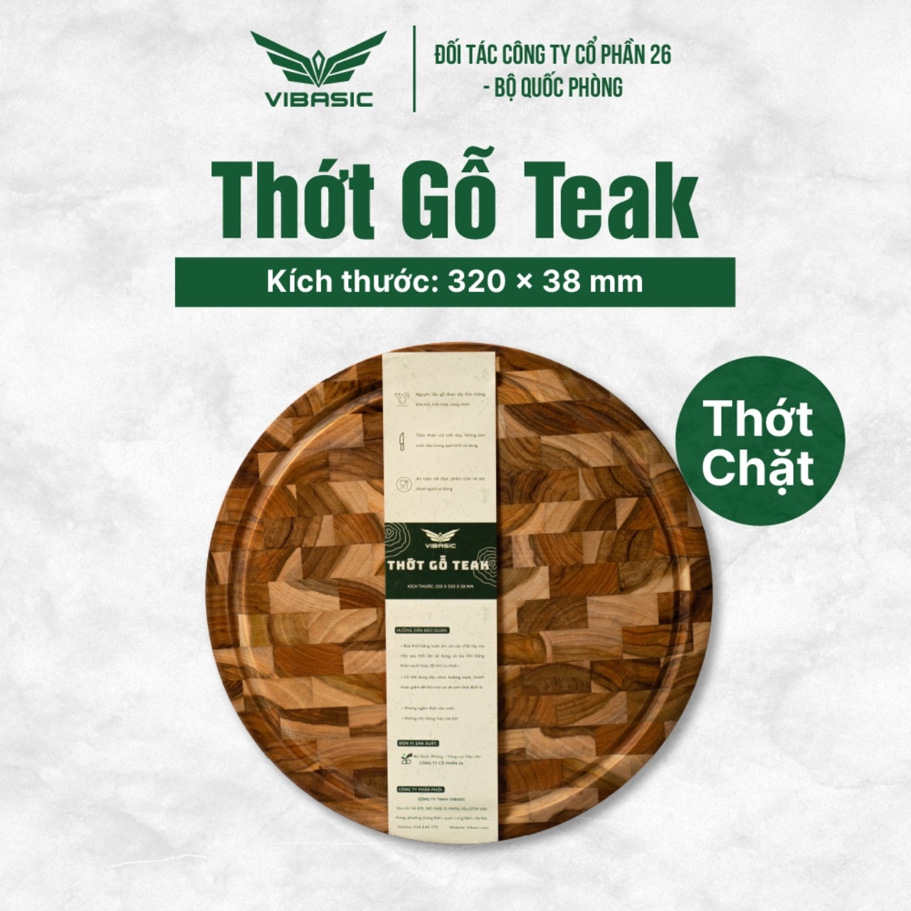 Thớt Chặt Gỗ Teak Vibasic ghép dựng block, kích thước 320x38mm, thớt tròn - Hàng chính hãng Bộ Quốc Phòng