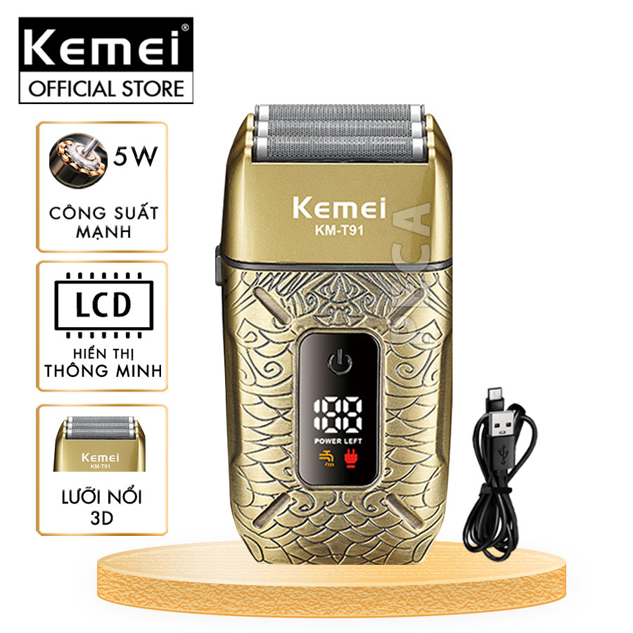 Máy cạo râu Kemei KM-T91 lưỡi nổi 3D cạo sạch nhanh, màn hình LCD, công suất mạnh mẽ 5W - Hàng chính hãng