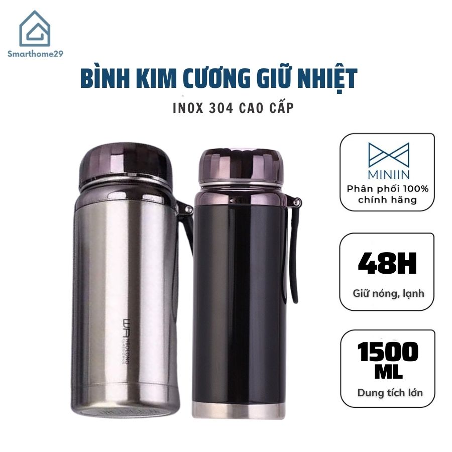 Bình Giữ Nhiệt Kim Cương Inox 304- Chống Rỉ Set, Nắp Đậy Chặt, Giữ Nhiệt Nóng Lạnh Tốt 6- 8h, Quai Đeo Chắc Chắn, Thiết Kế Sang Trọng, Màu Sắc Thanh Lịch, Tiện Lợi, Pha Lọc Trà, Hàng Chính Hãng MINIIN