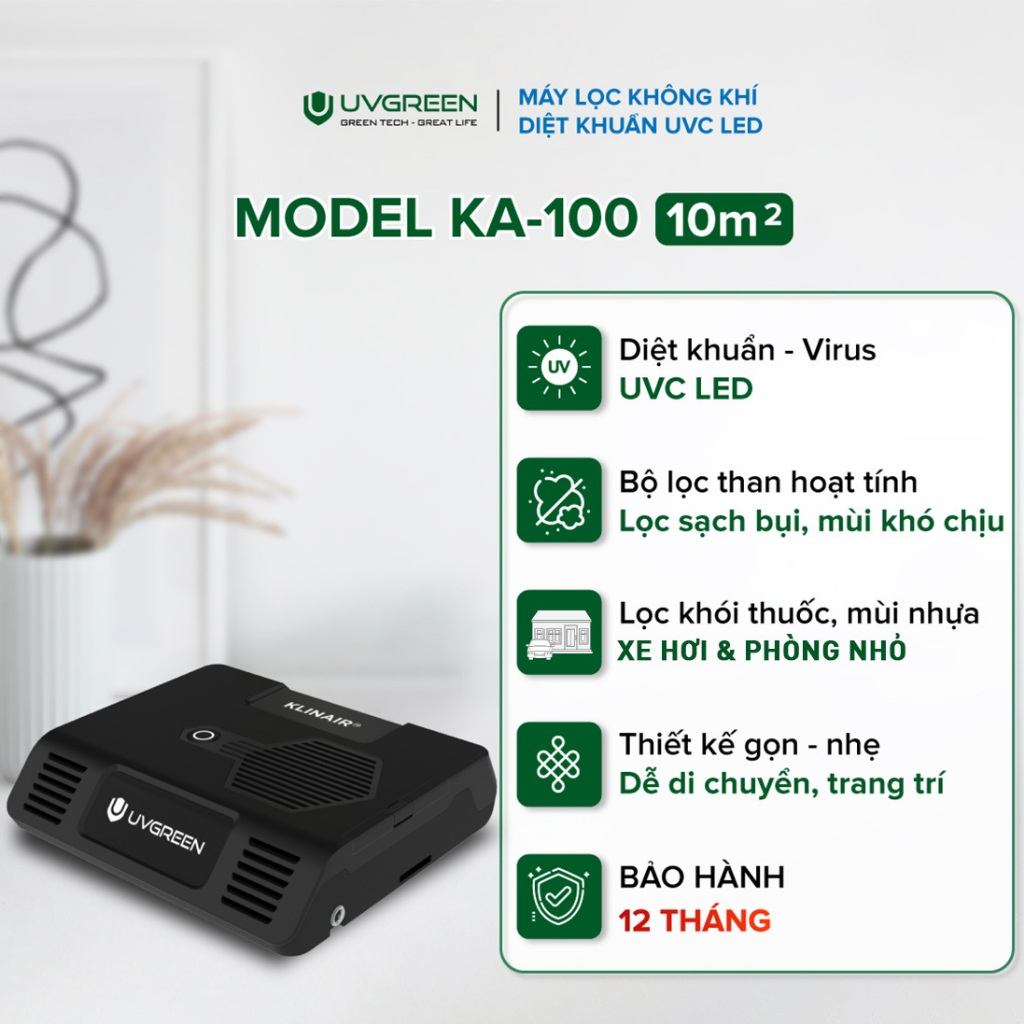 Máy Lọc Không Khí Diệt Khuẩn Ô Tô UVGREEN KA100 - Khử Mùi, Lọc Bụi, Lõi Than Hoạt Tính - Hàng chính hãng