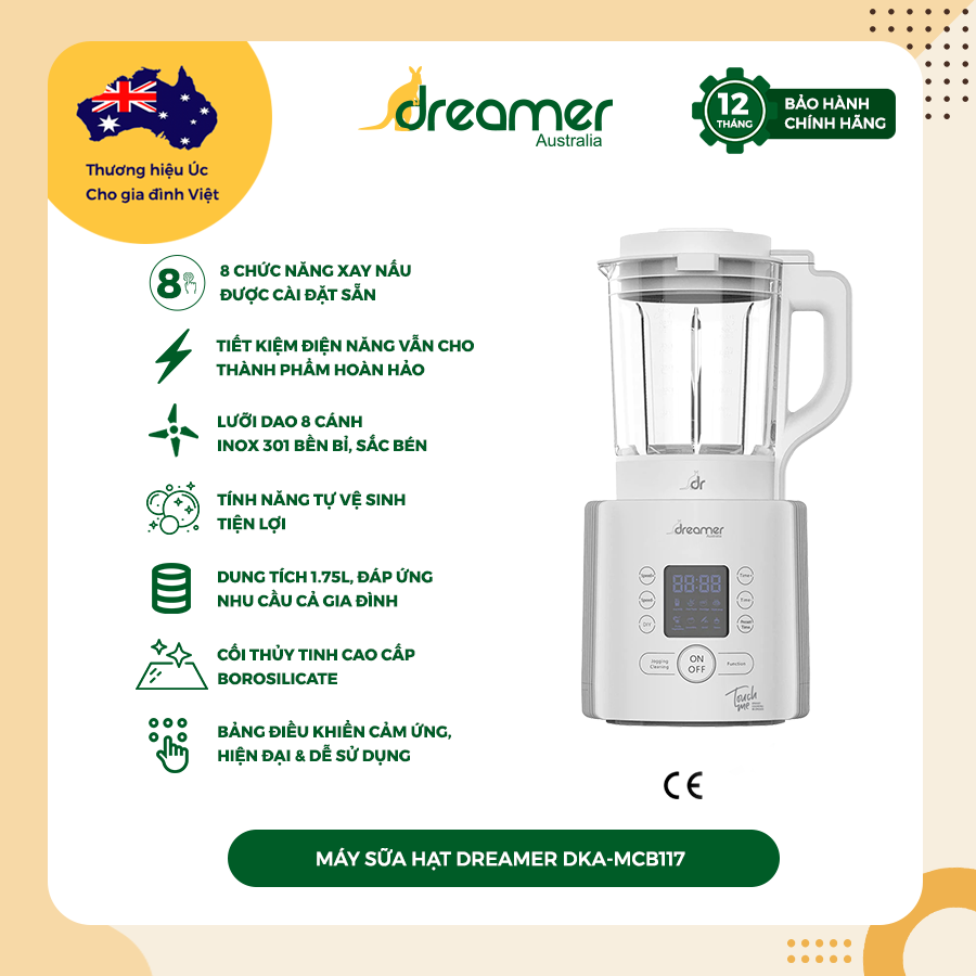 Máy làm sữa hạt đậu nành Dreamer DKA-MCB117 dung tích 1.75L công suất 800W, 8 chế độ xay nấu -hàng nhập khẩu chính hãng