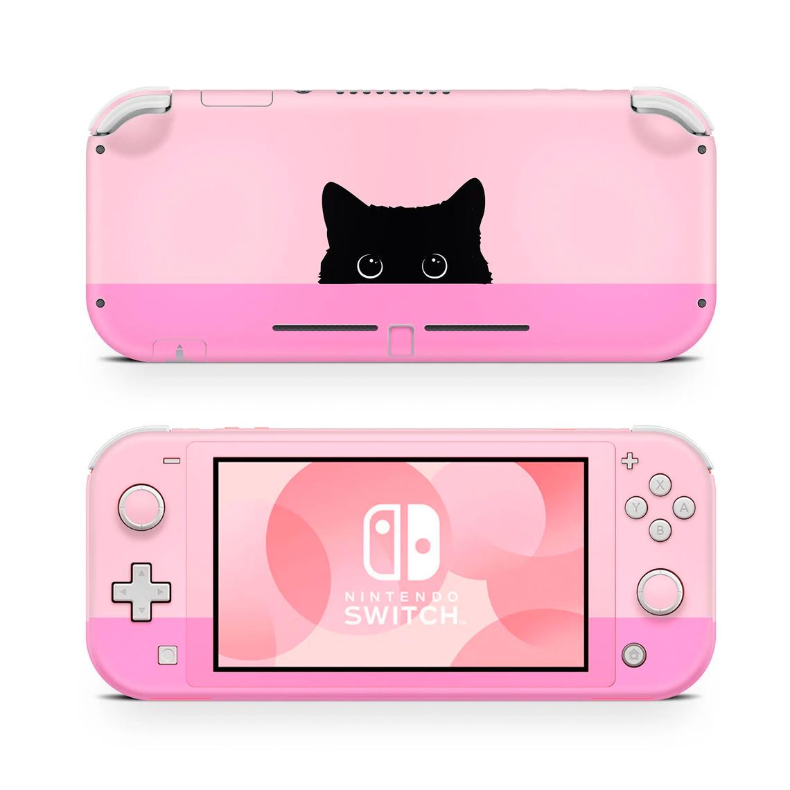 Skin decal dán Nintendo Switch Lite mẫu con mèo đen trên nền hồng (dễ dán, đã cắt sẵn)