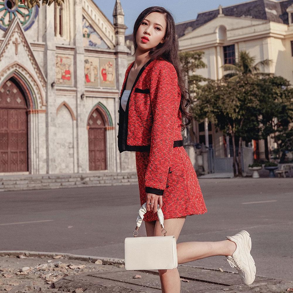 Set dạ 2 lớp tweed nữ đỏ diện Noel, diện Tết, tinh tế và sang trọng, hàng thiết kế cao cấp TK Fashion - Sét dạ K1