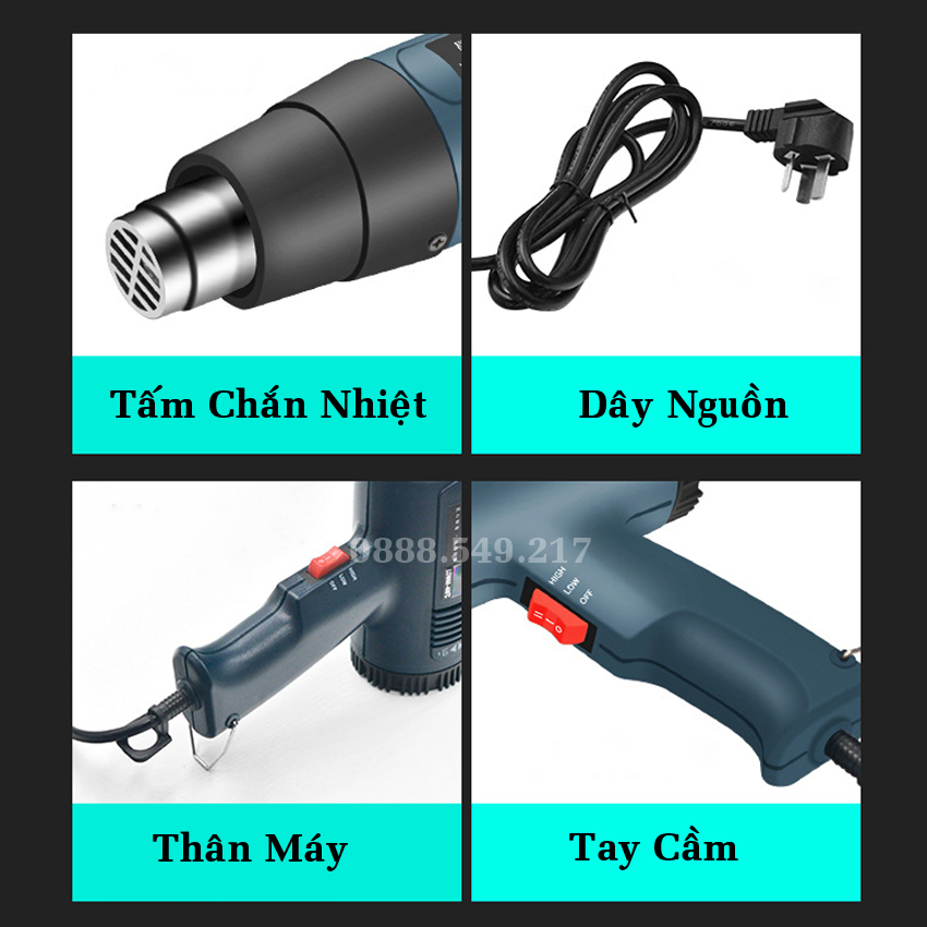 Máy khò nhiệt cầm tay có điều chỉnh nhiệt độ 2200W, Máy thổi hơi nóng màng co nhiệt độ cao