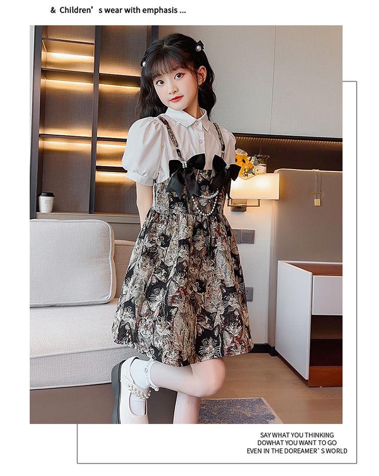 SHUANGYAN Cô gái lớn bé mùa hè phù hợp 2023 tây ăn mặc lưới đỏ trên đầu gối Vintage trẻ em váy ngọt ngào hai mảnh thiết lập