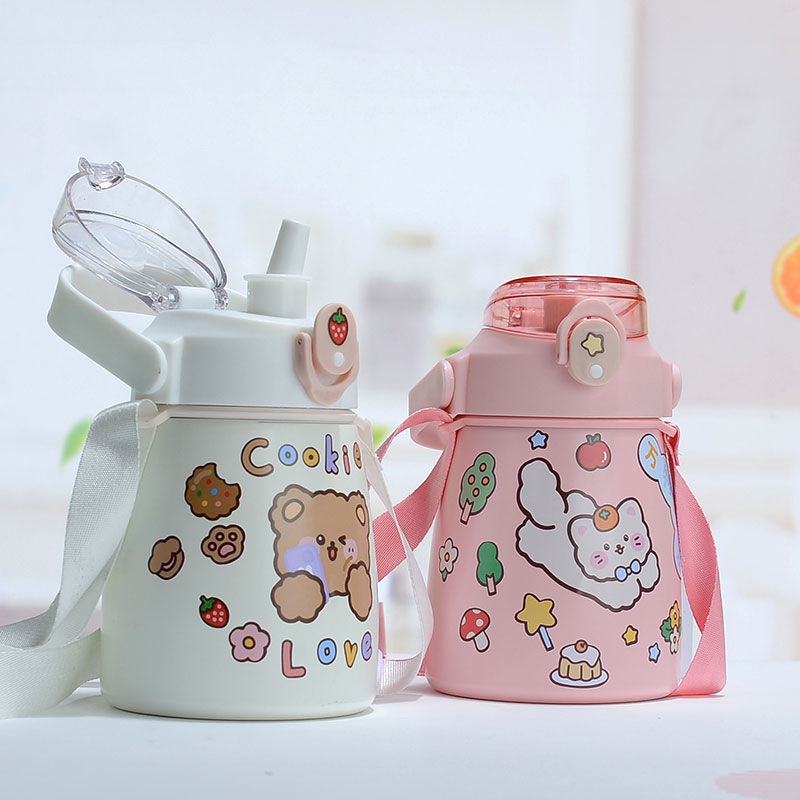 Bình Nước Giữ Nhiệt Cute 800ml Chất Liệu Inox 304 Giữ Nhiệt Không Gỉ Nóng Lạnh 24 Giờ Kèm Ống Hút Và Sticker - Hàng Loại 1 - Chính Hãng MINIIN