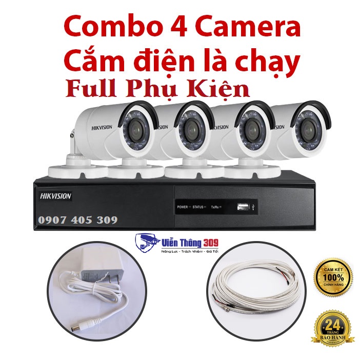 Trọn Bộ 4 Mắt Camera Hikvision 1080P 2.0 - Hàng chính hãng- Cắm điện là chạy