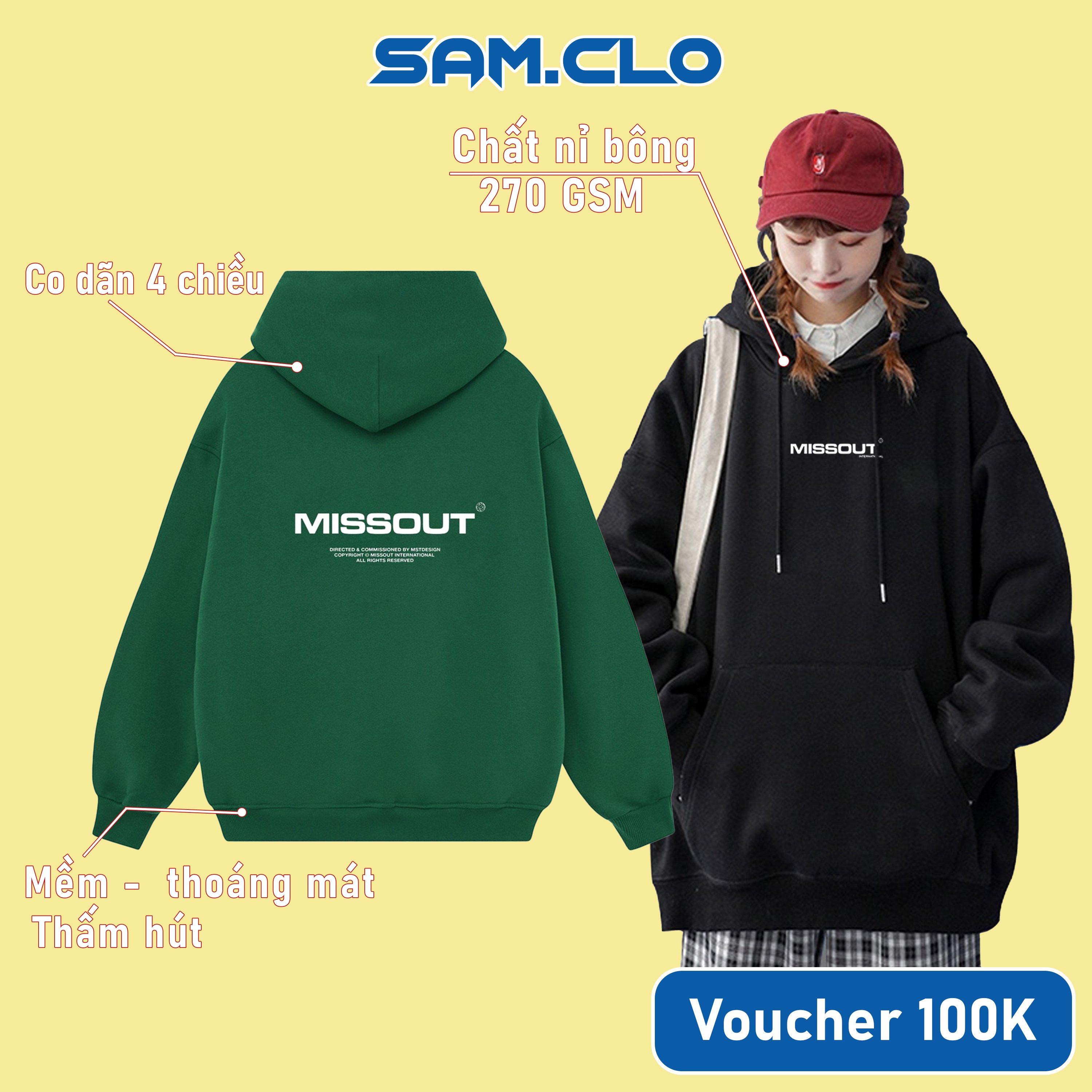 Áo khoác nỉ hoodie SAM CLO nam nữ có mũ tay dài thu đông freesize dáng Unisex missout CHUI INTERNATIONAL