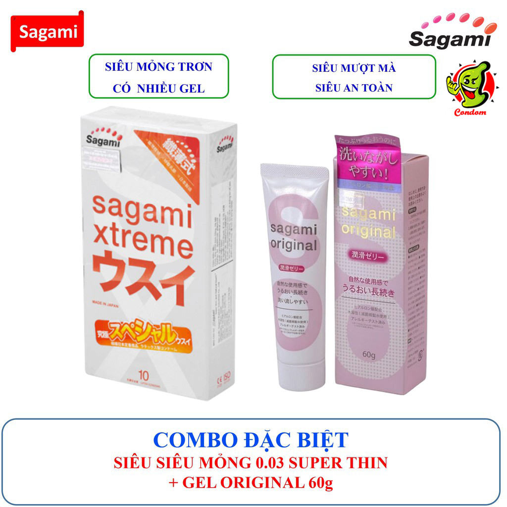 [BAO CAO SU SAGAMI] COMBO 01 HỘP 10 bao cao su siêu siêu mỏng SAGAMI Xtreme Thin + Gel bôi trơn SAGAMI Origi nal 60g chính hãng (Che tên sản phẩm)