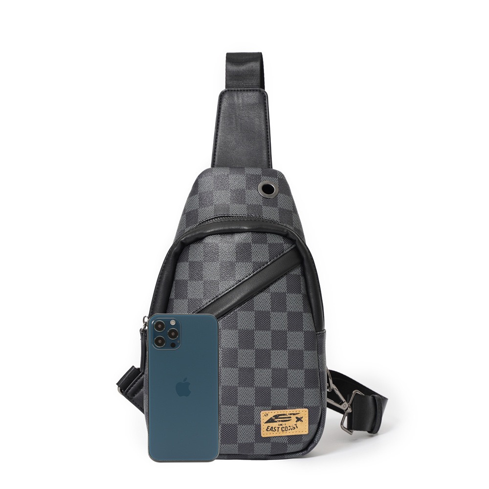 Men's Plaid Crossbody Chest Bag Pu Leather Casual Waist Bag