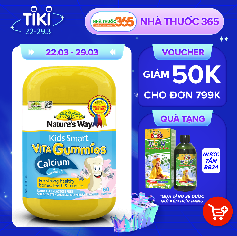 Kẹo Dẻo Canxi Nature’s Way Kids Smart Vita Gummies Calcium + Vitamin D Bổ Sung Dưỡng Chất Cần Thiết Cho Bé - Hộp 50 Viên