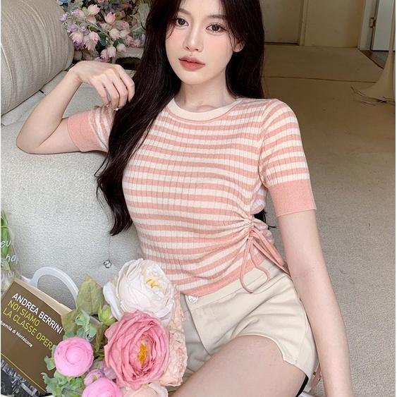 Áo len nữ Montoghi dệt kim có dây RÚT EO Quảng Châu cổ tròn cộc tay kẻ sọc phong cách trẻ trυng năng động