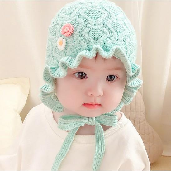 Nón mũ len bèo buộc dây đính hoa cúc xinh xắn đáng yêu cho bé 0 - 1 tuổi