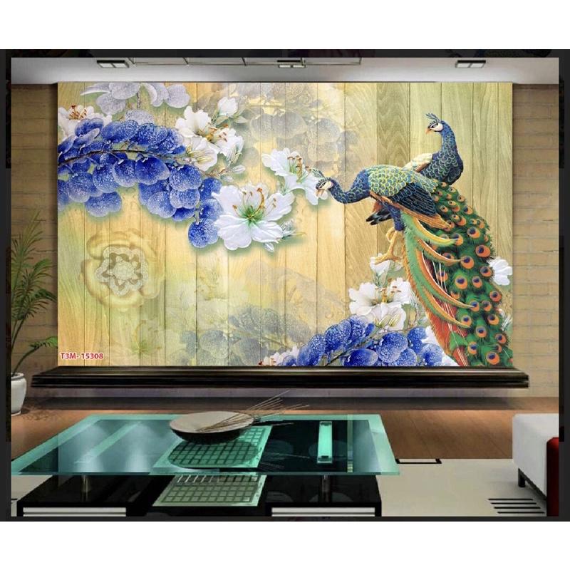 Tranh phong thuỷ chim công dán tường 3d. tranh in vải lụa kèm keo