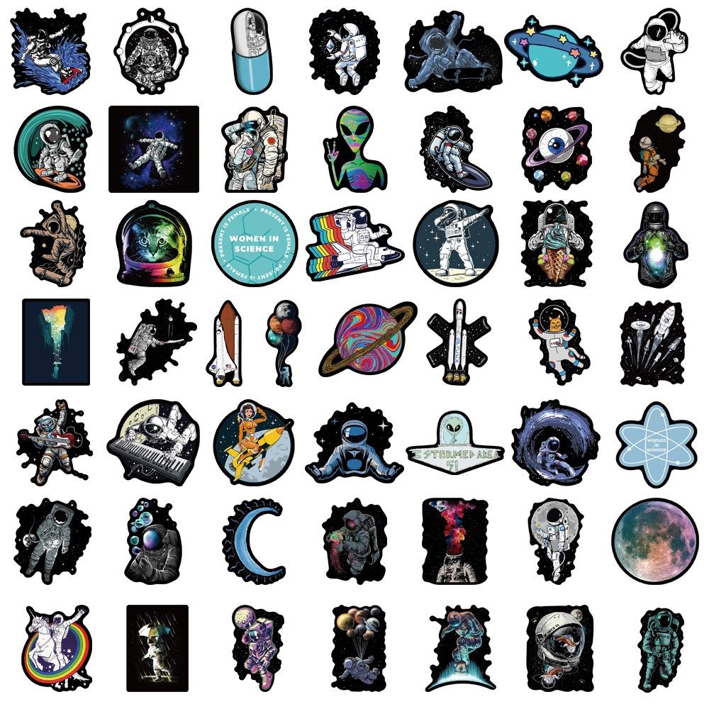 Set 50 Cái STICKER Phi Hành Gia Nền Đen Chống Thấm Nước Trang Trí Điện Thoại , Laptop , Vali Siêu Nét