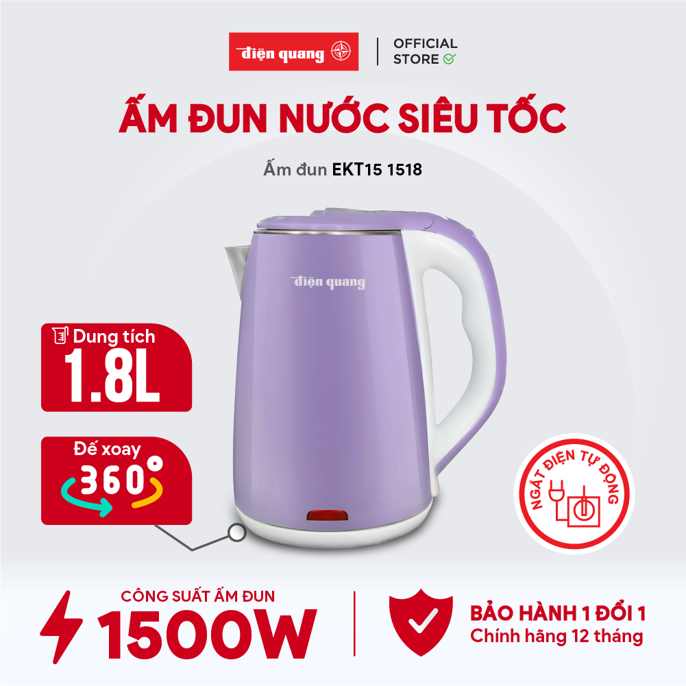 Ấm đun nước siêu tốc Điện Quang ĐQ EKT15 1518 - Inox chất lượng cao, đế xoay 360 độ, tự động ngắt điện - Hàng chính hãng