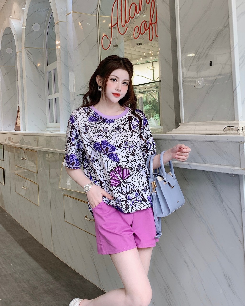 Set Bộ Thun Đùi Form Rộng Áo Thun Lạnh In 3D Phối Quần Thun Cotton Màu Tím Mơ Tươi Mới