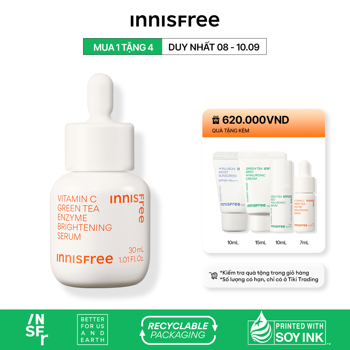 Serum viên nang Vitamin C siêu sáng da INNISFREE Vitamin C Green Tea Enzyme Brightening Serum 30ml