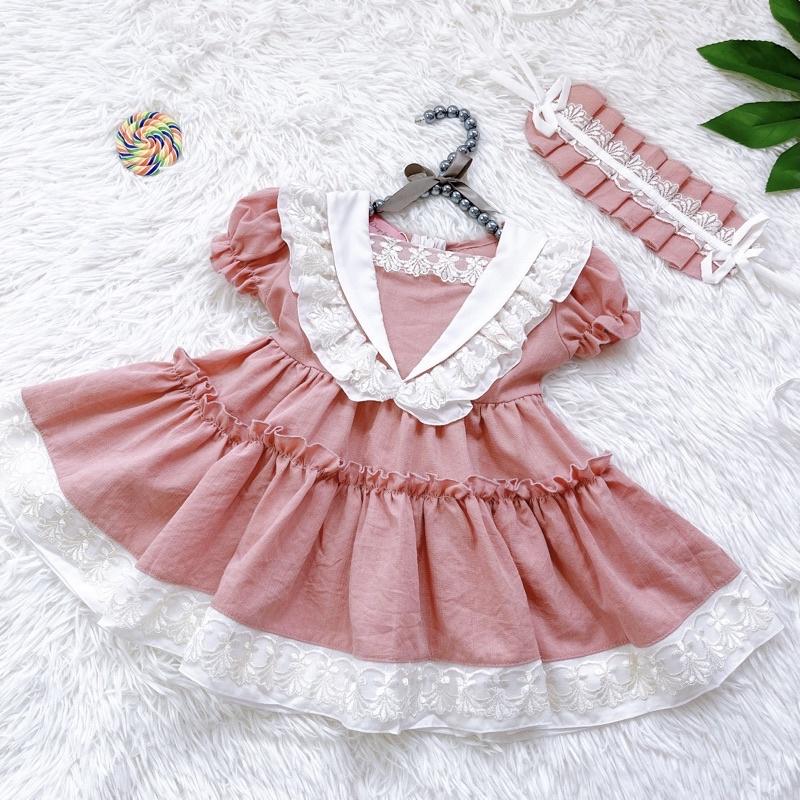Váy Hồng Dolly Pastel Cho Bé Gái 4 Đến 30kg Chất Đũi Phối Ren