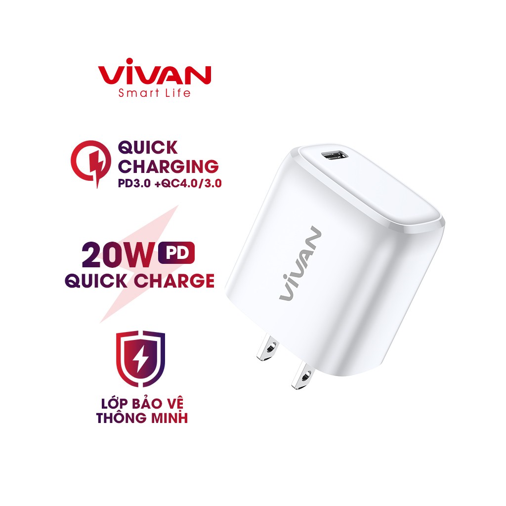 Cốc Sạc Nhanh VIVAN POWER 20U Công Suất 20w Sử Dụng Quốc Tế - Hàng Chính Hãng