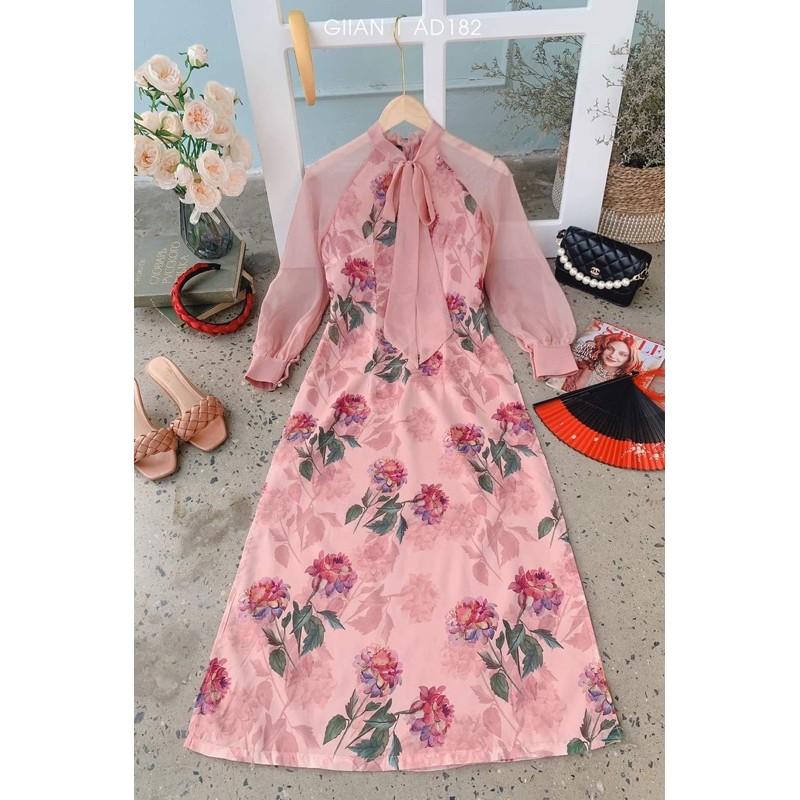 Áo dài hoa thiết kế nơ cổ