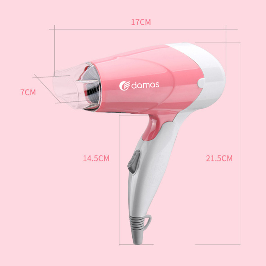 Máy Sấy Tóc Hairdryver Tạo Kiểu Đa Năng Tiện Lợi Nhỏ Gọn Damas - Thiết Kế Mới Gập Gọn Tay Cầm - Màu Hồng - Hàng Chính Hãng