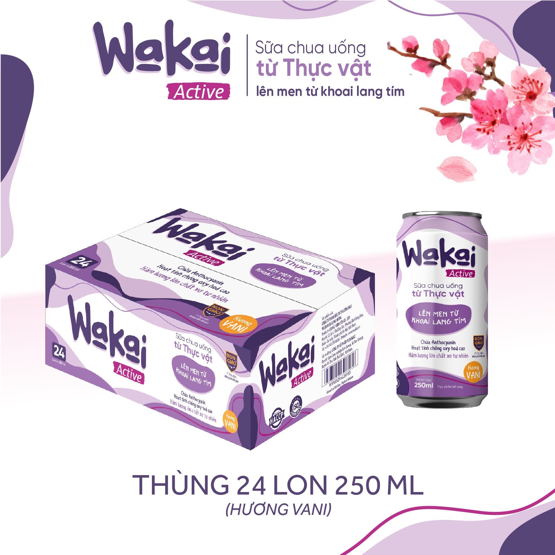 Thùng 24 Lon Sữa Chua Uống Từ Thực Vật Wakai Active (250ml x 24 lon)