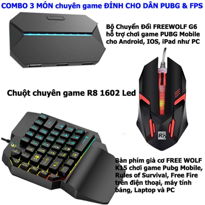 COMBO Bàn phím giả cơ FREE WOLF K15 và Bộ Chuyển Đổi FREEWOLF G6 + Chuột chuyên game R8 1602