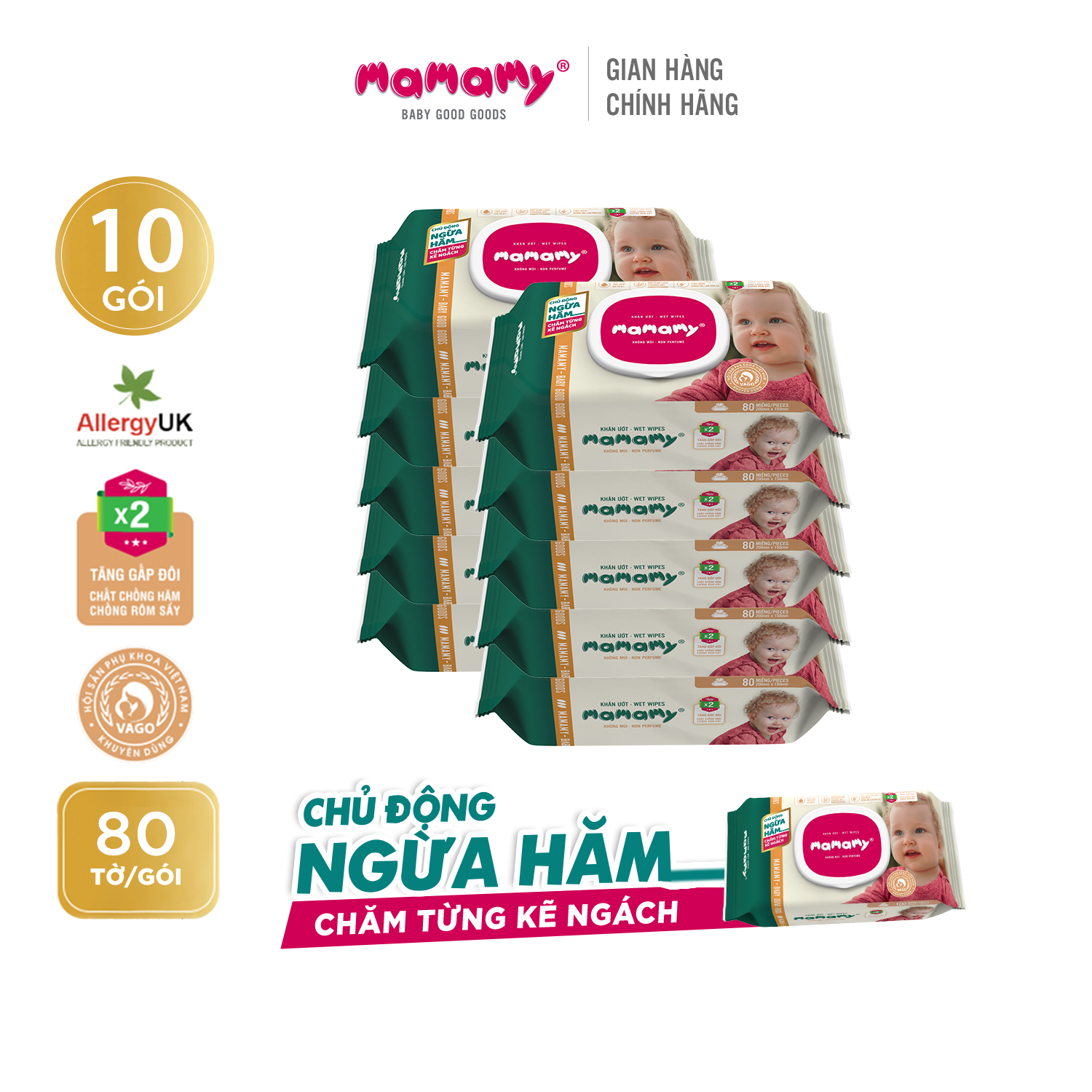 Combo 10 gói khăn ướt Mamamy ngừa hăm, rôm sảy 80 tờ/ gói, có nắp, hương thơm mát, an toàn cho trẻ sơ sinh