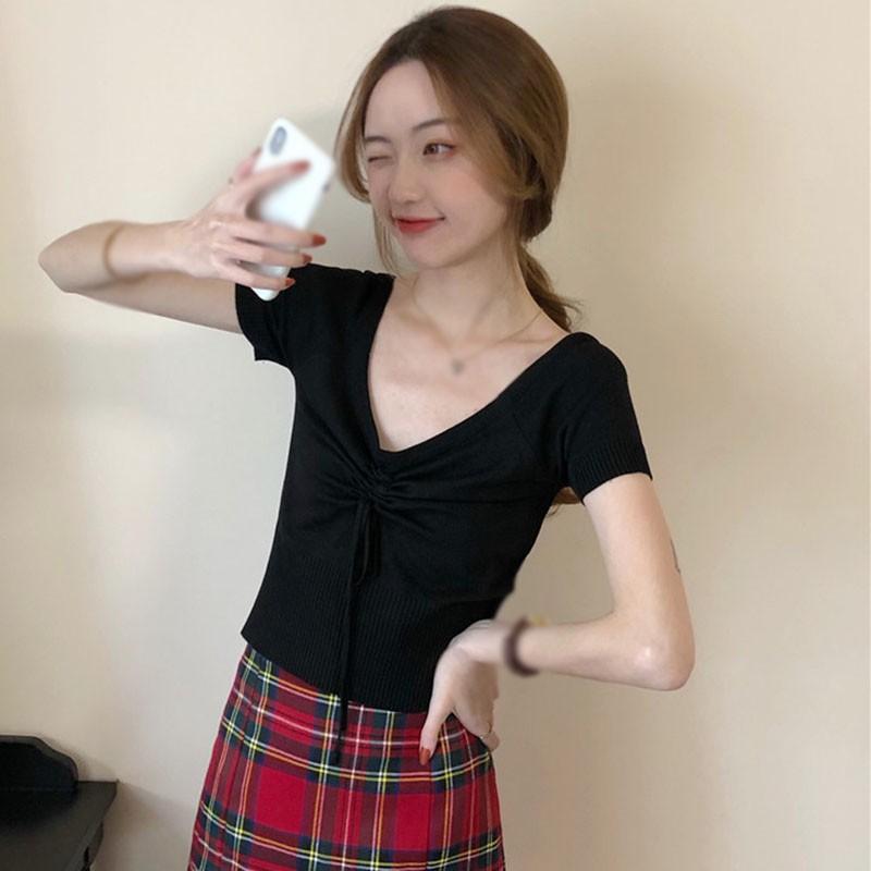 Áo Thun Dệt Kim Tay Ngắn Cổ Chữ V Thời Trang Cho Nữ