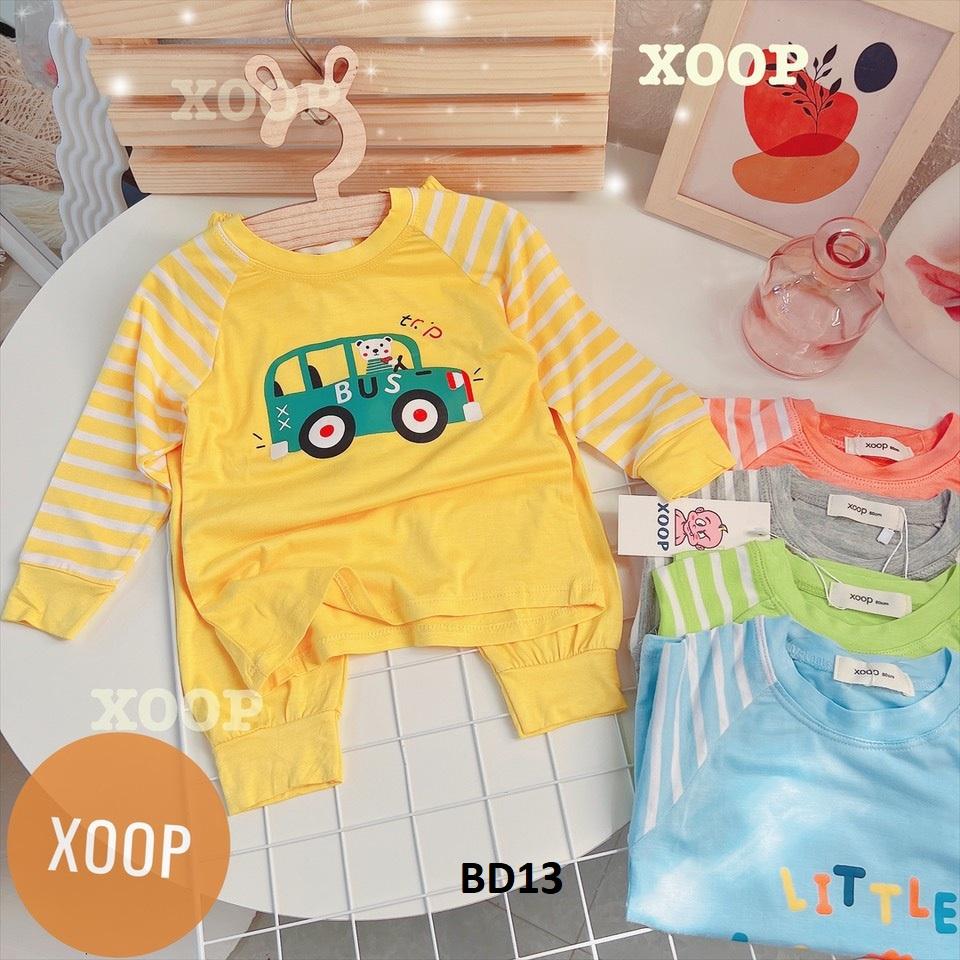 Bộ dài tay chất thun lạnh- Bộ dài tay xoop kẻ cánh tay in họa tiết ô tô - bus cho bé  BD13