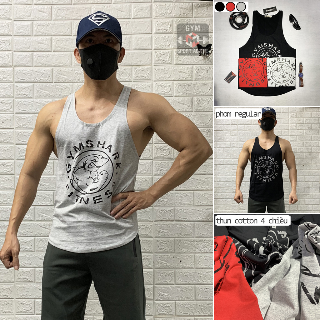 Áo ba lỗ nam thể thao áo tank tập gym nam stringer GymShar'k cá mập thun cotton co giãn 4 chiều