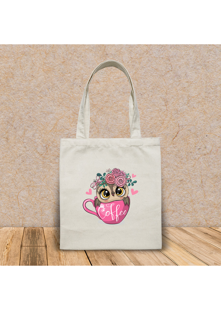 Túi vải tote canvas in hình cute cartoon owl sitting cup HT408