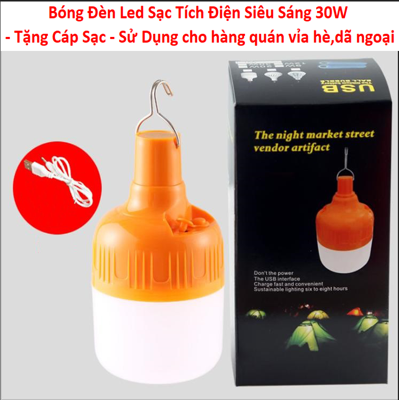 Bóng đèn led tích điện 30w có móc treo kèm sạc, bóng đèn tích điện 3 chế độ sáng