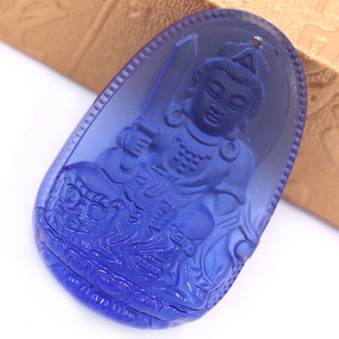 Mặt dây chuyền Phật Văn thù pha lê xanh dương 3.6 cm kèm vòng cổ dây dù đen + móc inox vàng, Phật bản mệnh, mặt dây chuyền phong thủy