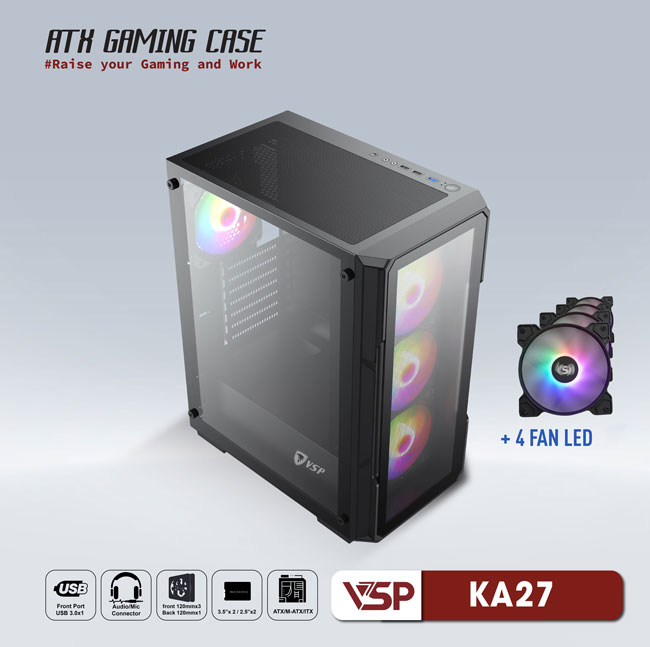 Vỏ máy tính Case VSP KA27 [ĐEN] sẵn 4 Fan LED ~ Gaming 2 mặt kính cường lực (M-ATX/ITX) - Hàng chính hãng TECH VISION phân phối