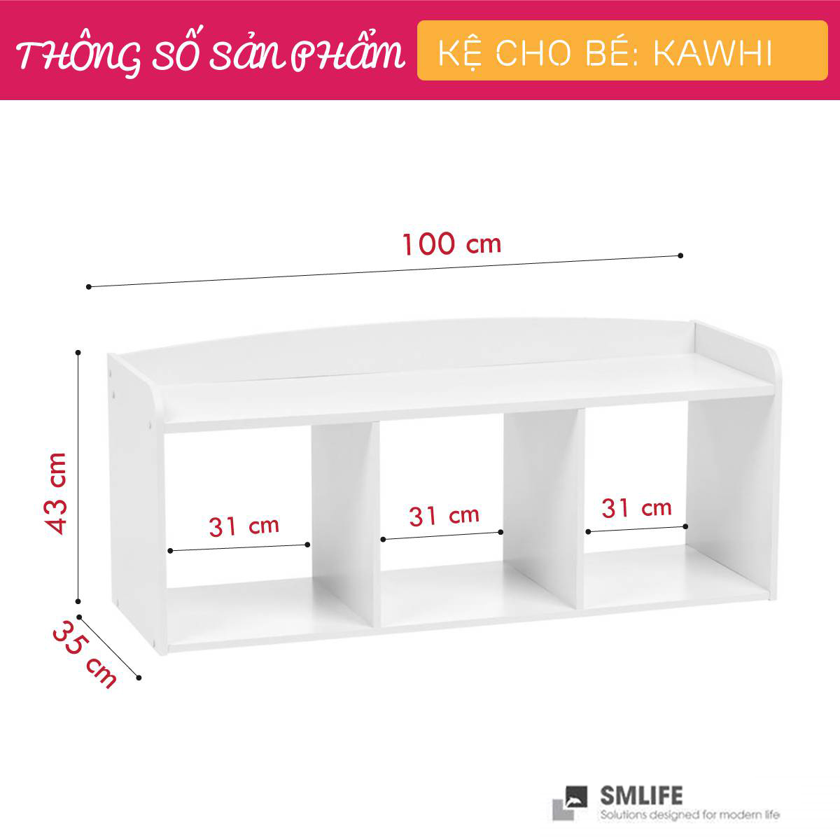 Kệ để đồ chơi cho bé SMLIFE Kawhi | Gỗ MDF dày 17mm chống ẩm | D100xR35xC43cm