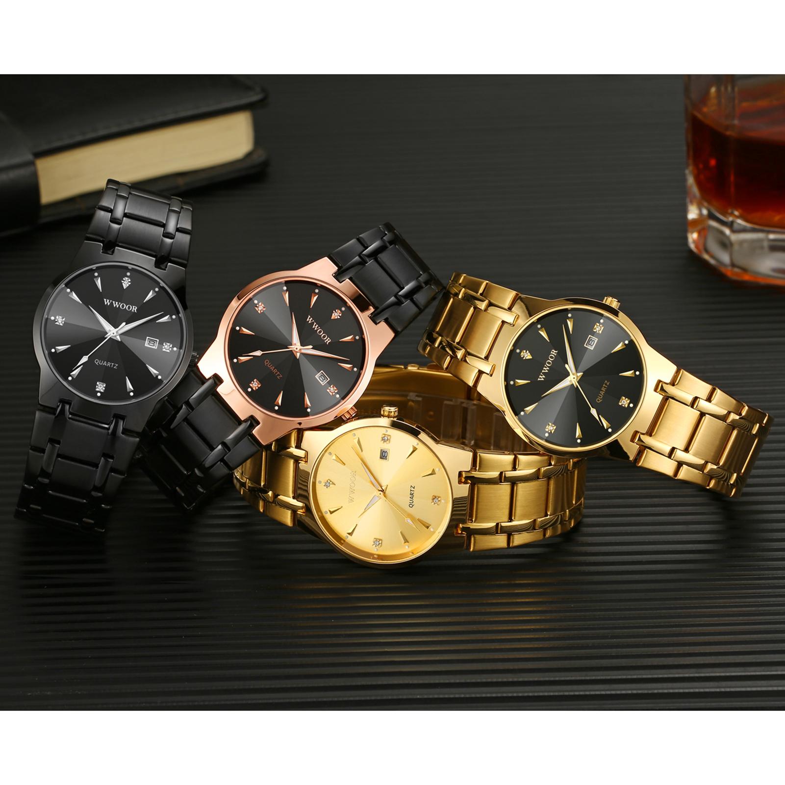 Đồng hồ đeo tay nam WWOOR Quartz Watch mặt số kim cương,con trỏ phát sáng 30M - Vàng hồng và đen