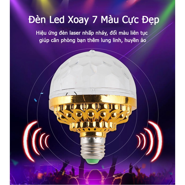 Đèn led xoay 7 màu vũ trường nháy chớp theo nhạc bay phòng sân khấu hiệu ứng 360 độ kèm đui cắm E27