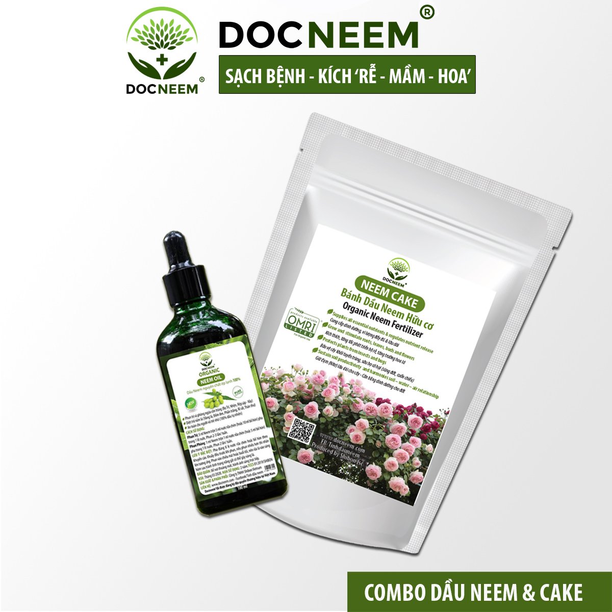 Combo Dầu Neem và Bánh dầu Neem hữu cơ DOCNEEM trị sâu bệnh, sùng đất cuốn chiếu, kích rễ hoa hồng chai 100ml và túi 1kg